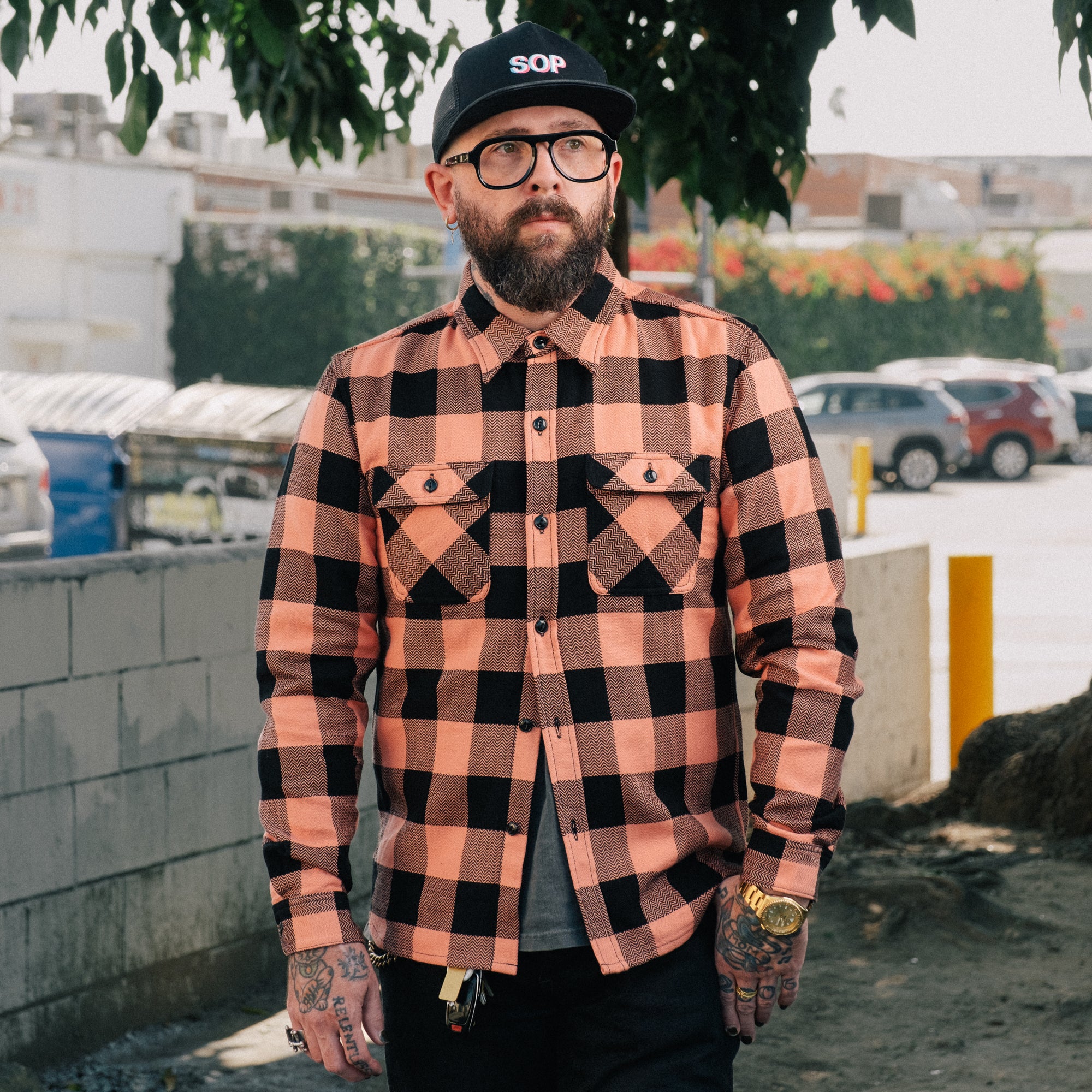 The Flat Head FN-SNR-101L Block Check Work Shirt Pink/ Black