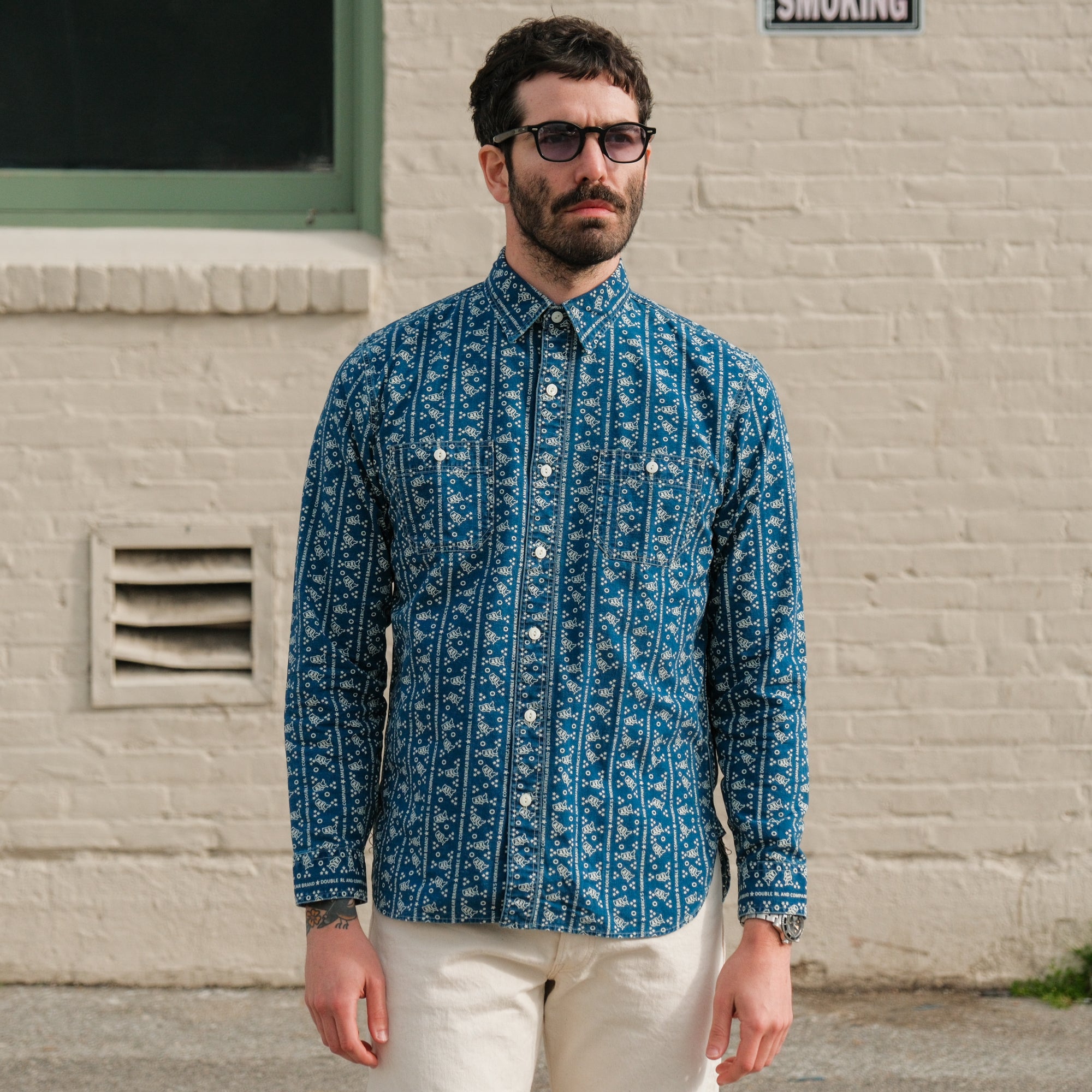 RRL Logo-Print Indigo Woven Work Shirt