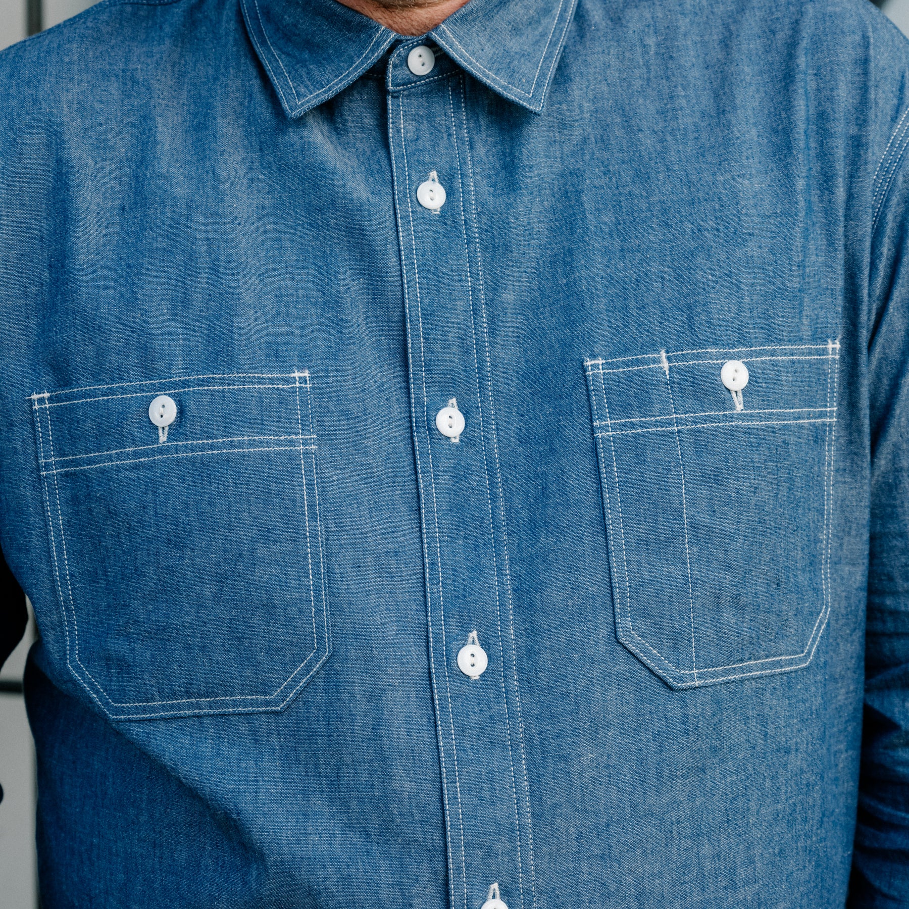 Momotaro Triple Stitch Long Sleeve Chambray Shirt Indigo