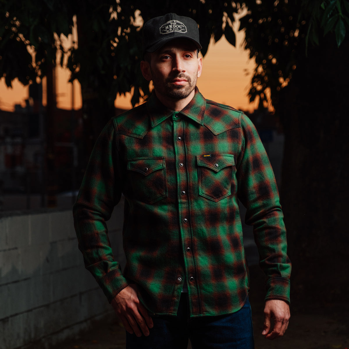 IHSH-373-GRN Ultra Heavy Flannel Ombré Check Western Shirt