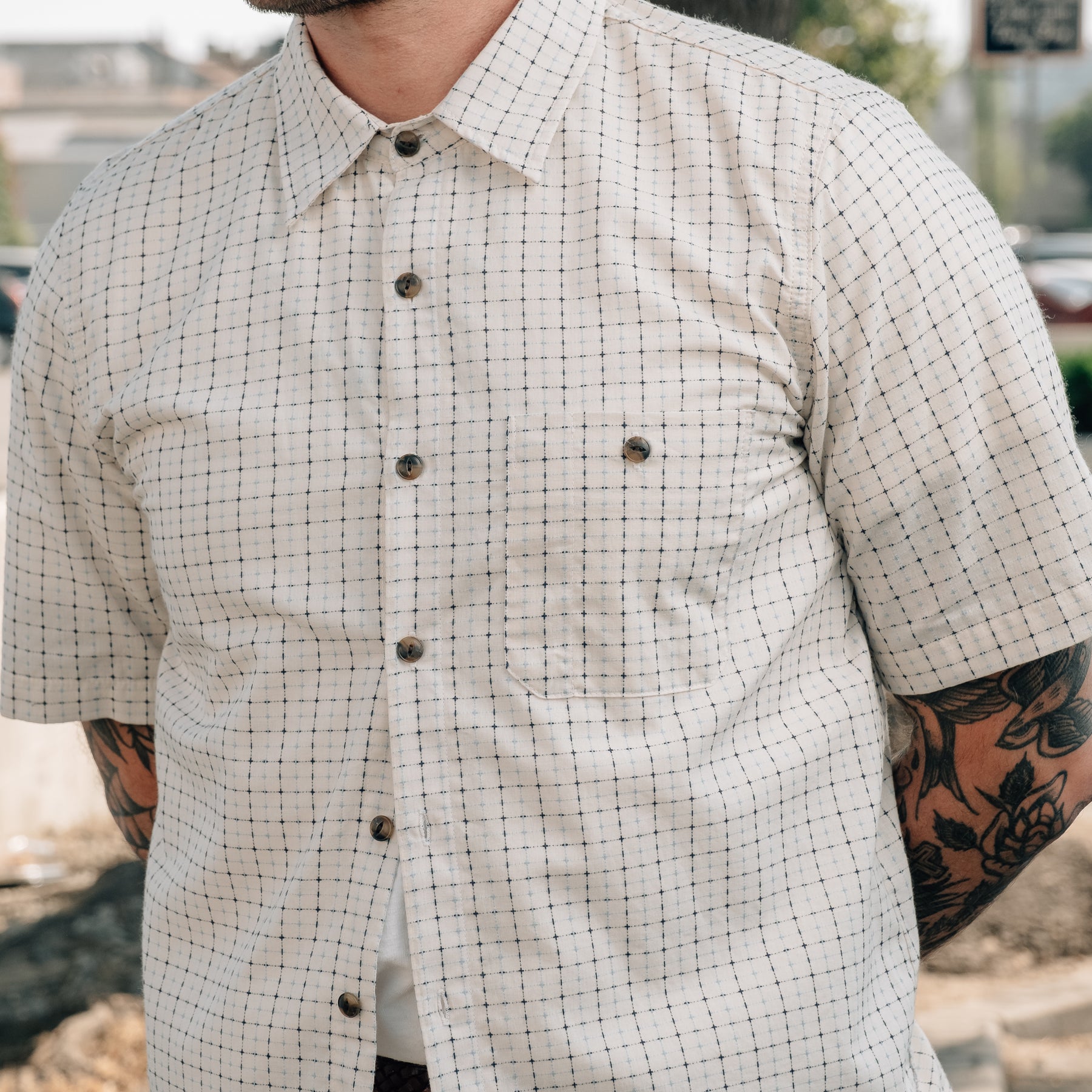 Rogue Territory Oxford Shirt Natural Sashiko Grid