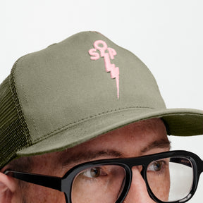 Snake Oil Provisions Lightning Bolt Trucker Hat Olive/ Shy Pink