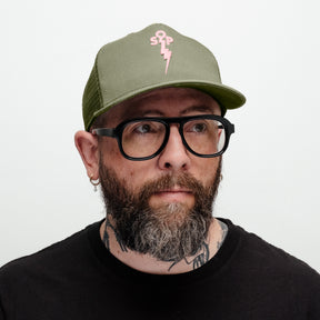 Snake Oil Provisions Lightning Bolt Trucker Hat Olive/ Shy Pink