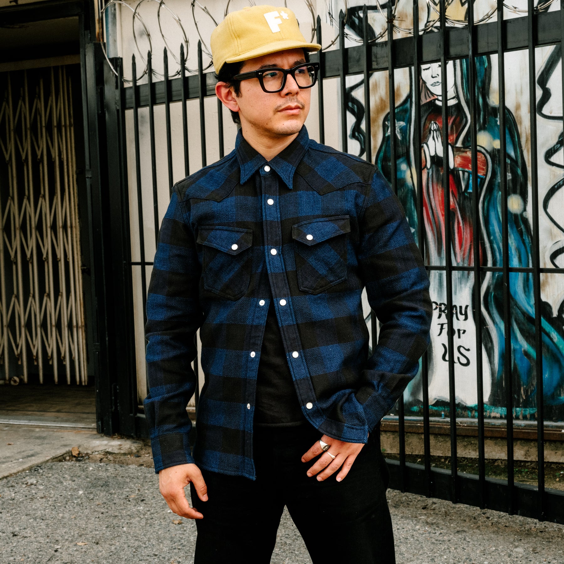 The Flat Head Block Check Flannel Western Shirt Indigo