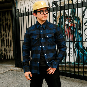 The Flat Head Block Check Flannel Western Shirt Indigo