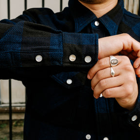 The Flat Head Block Check Flannel Western Shirt Indigo