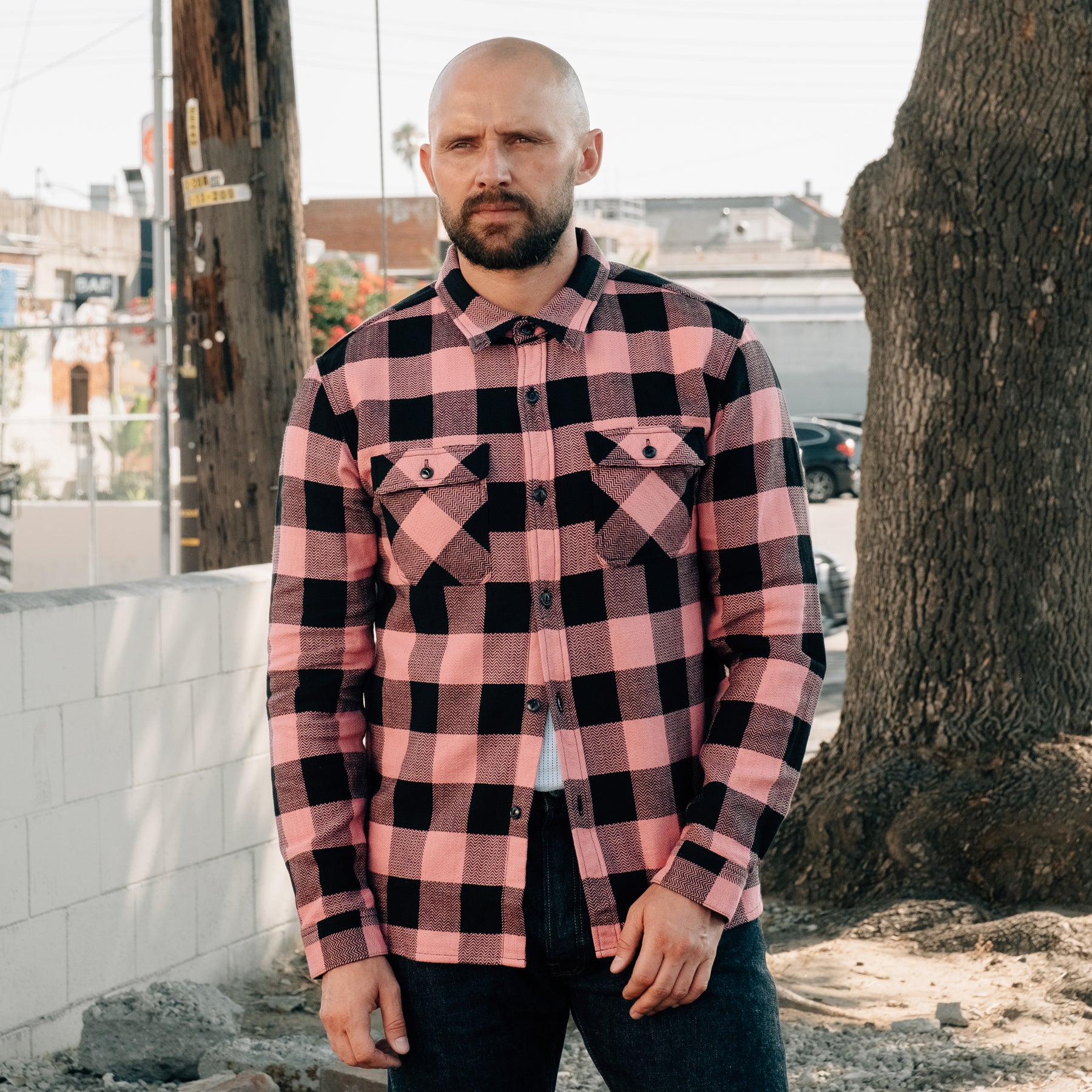 The Flat Head Block Check Work Shirt Pink/ Black NEW