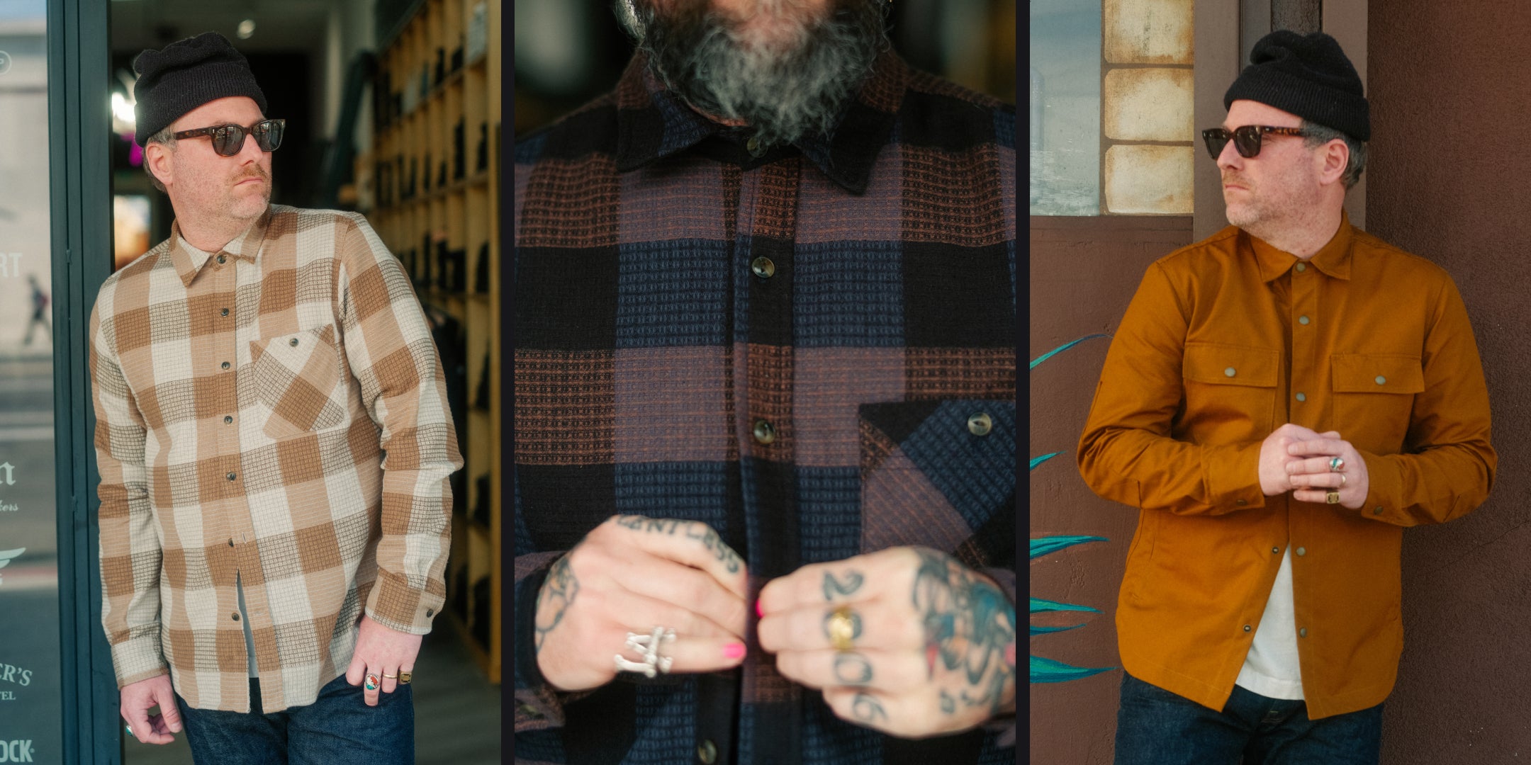 Men wearing Rogue Territory Oxford Shirts in Blue and Tan Waffle Plaid 
Patrol Shirt Gold Dry Wax Canvas 