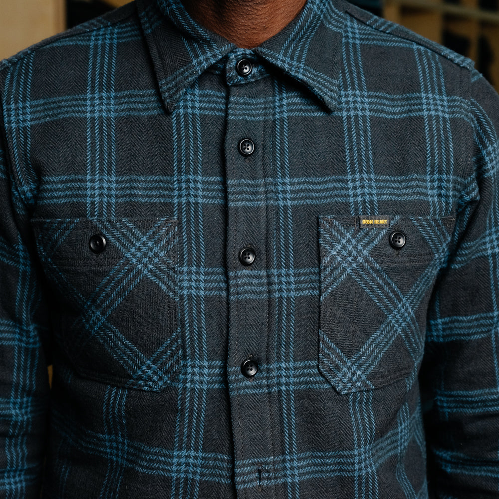 Iron Heart IHSH-408-BLK 12oz Slubby Heavy Flannel Check Work Shirt Black