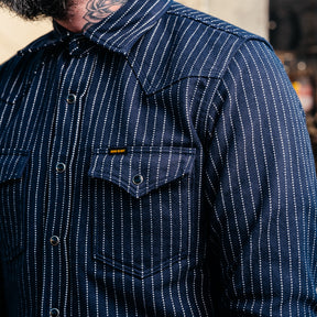 Iron Heart IHSH-401-NAV Ultra Heavy Flannel Chalk Stripe Western Shirt Navy