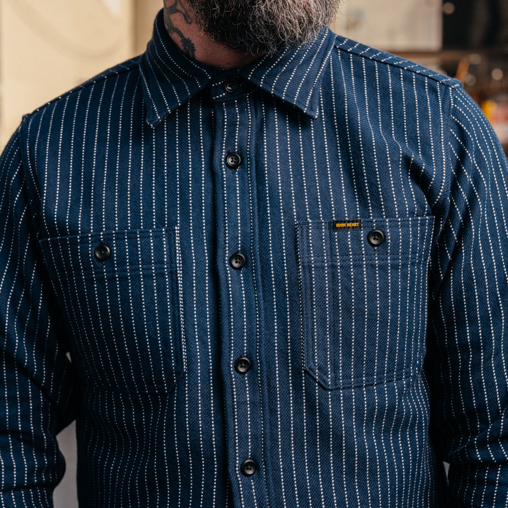 Iron Heart IHSH-402-NAV Ultra Heavy Flannel Chalk Stripe Work Shirt Navy