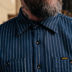 Iron Heart IHSH-402-NAV Ultra Heavy Flannel Chalk Stripe Work Shirt Navy