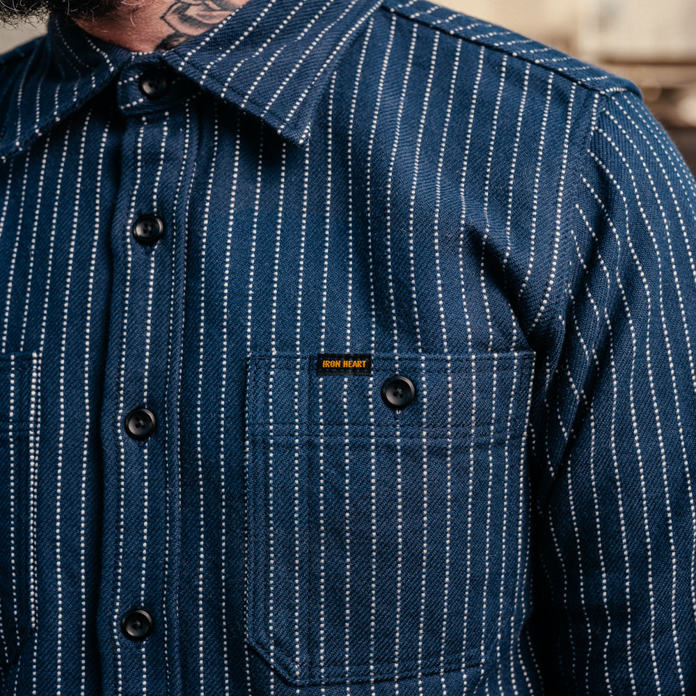 Iron Heart IHSH-402-NAV Ultra Heavy Flannel Chalk Stripe Work Shirt Navy