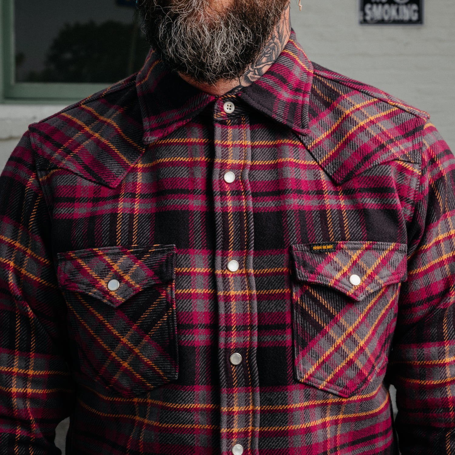 Iron Heart IHSH-403-GRY Ultra Heavy Flannel Line Check Western Shirt Grey