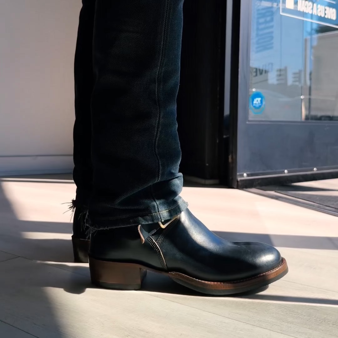 RRL Leather Engineer Boot Black Over Brown