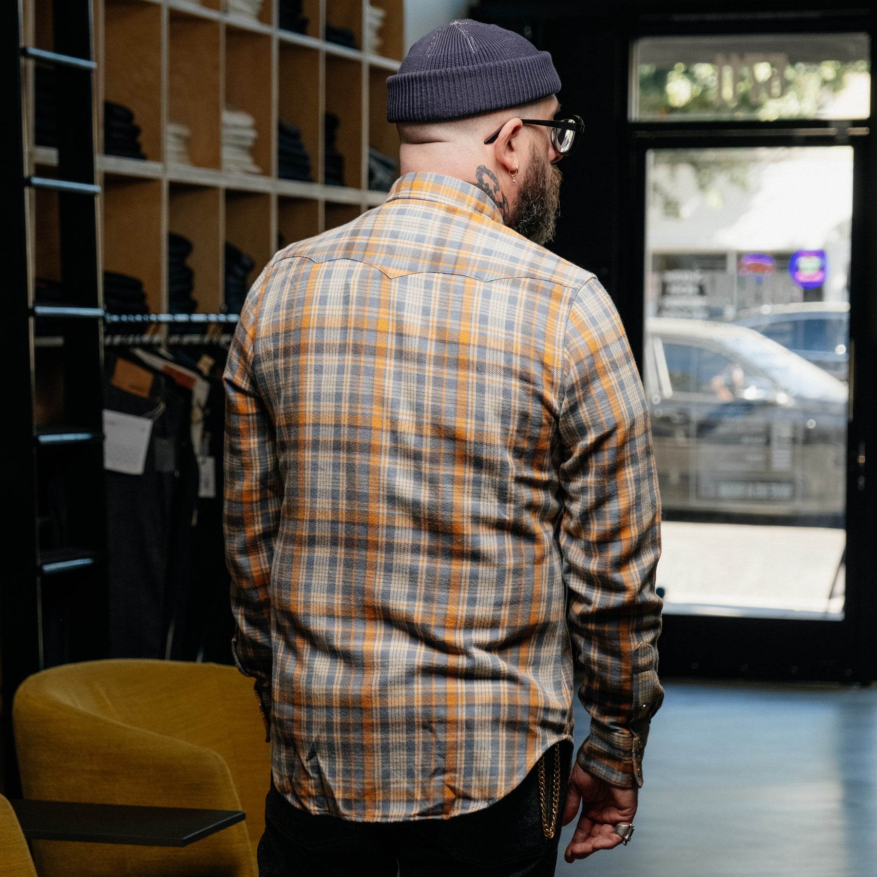 RRL Slim Fit Twill Western Shirt Blue/ Orange