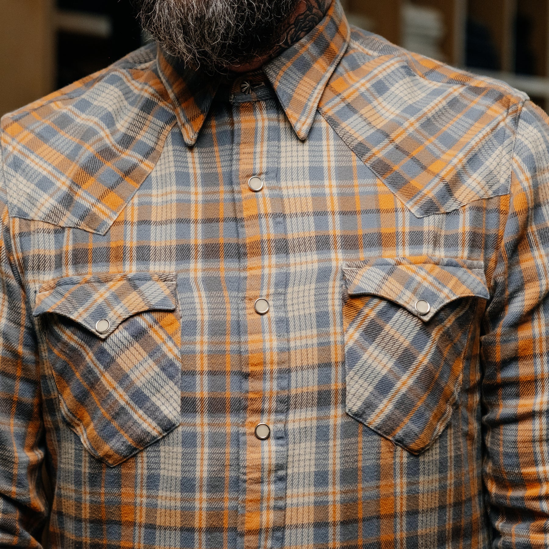 RRL Slim Fit Twill Western Shirt Blue/ Orange