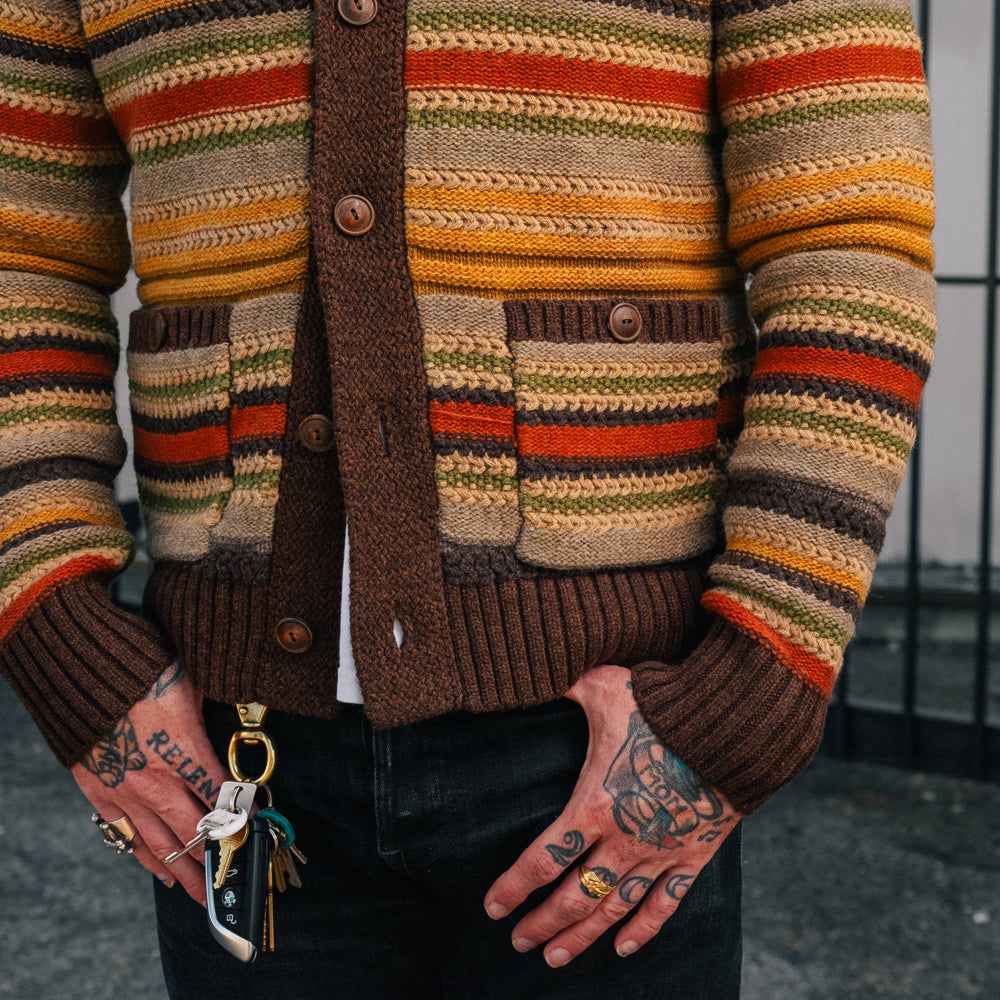 RRL Striped Wool Shawl-Collar Cardigan Brown Multi FINAL SALE