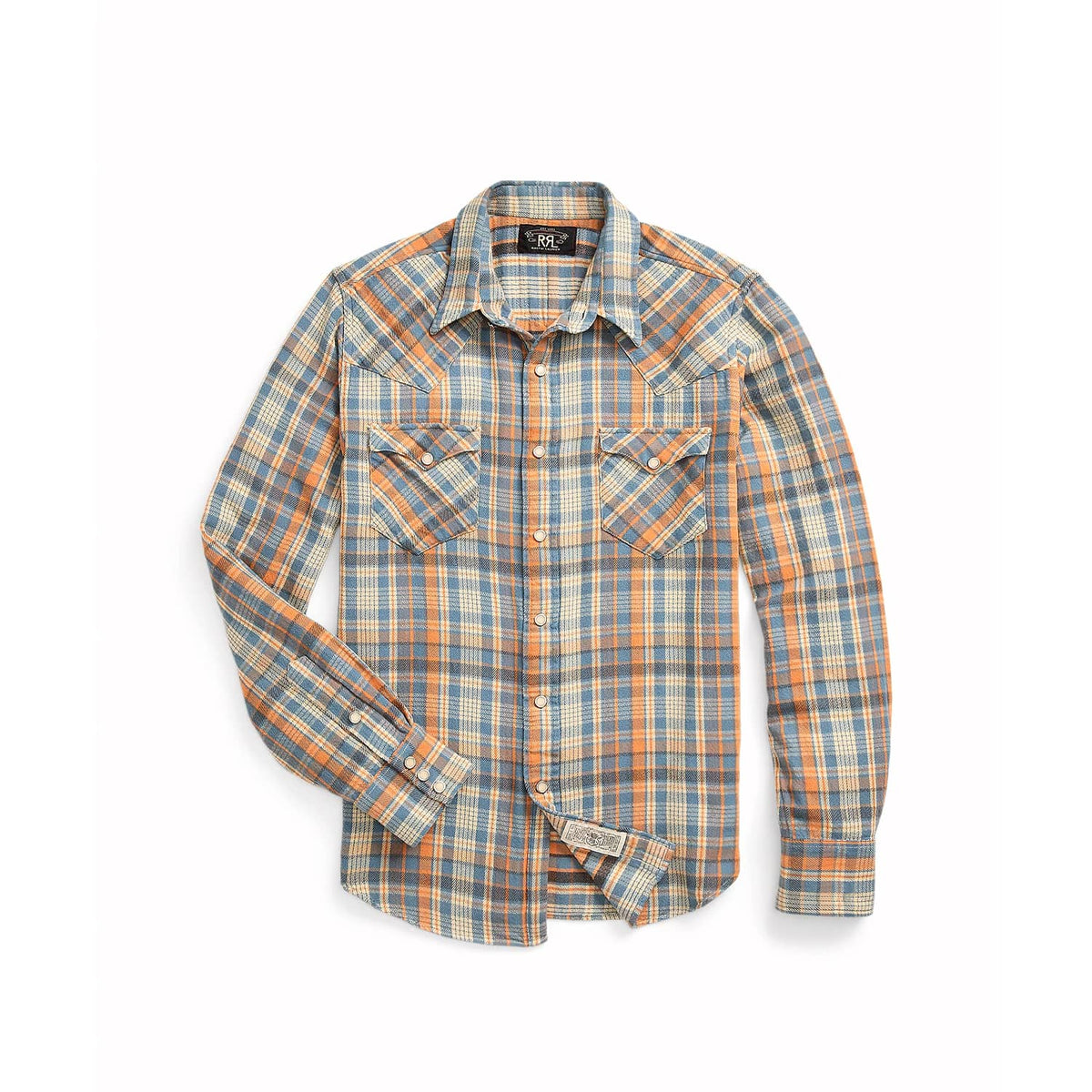 RRL Slim Fit Twill Western Shirt Blue/ Orange