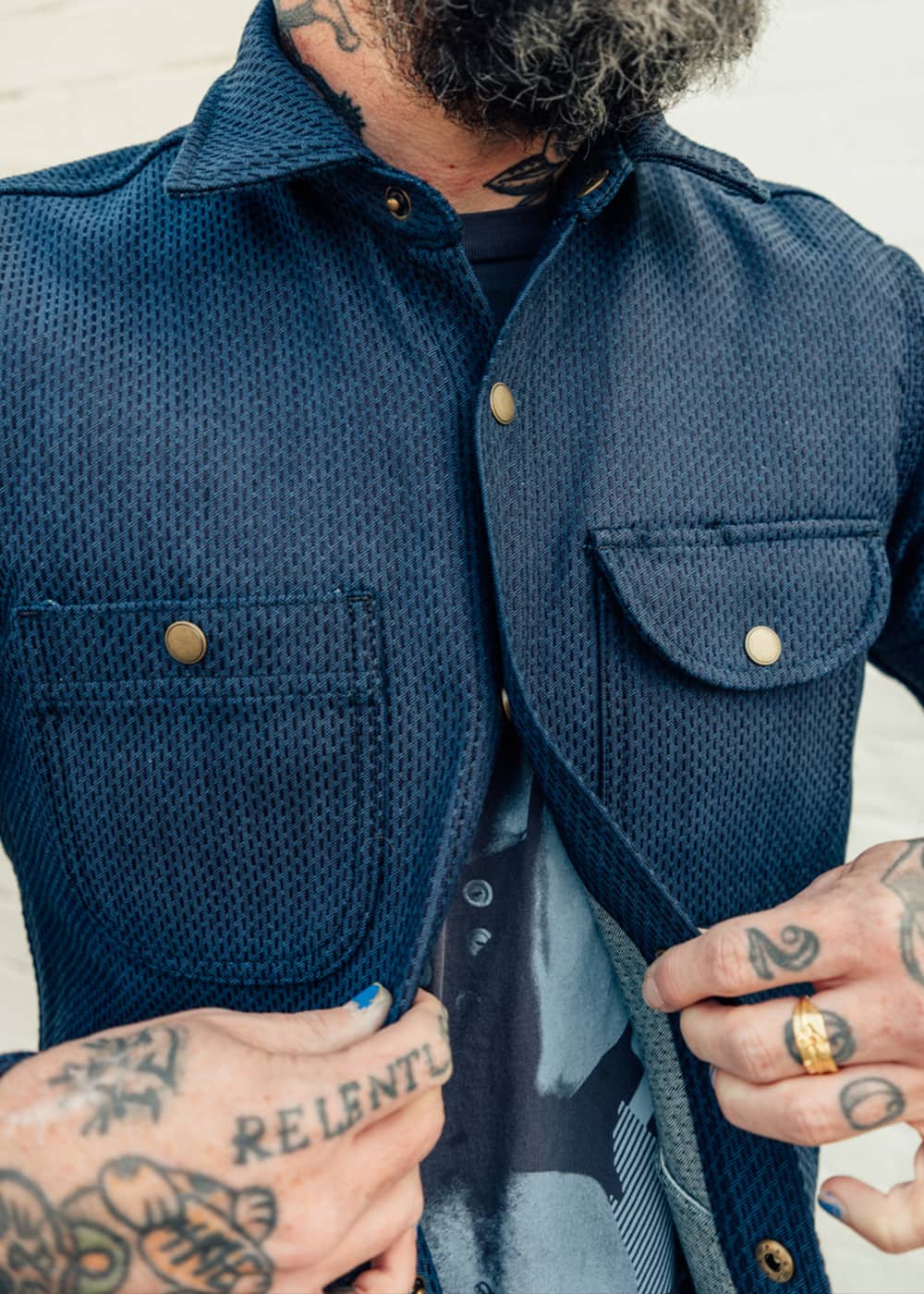 Man wearing RGT Service Shirt 15oz Indigo Sashiko