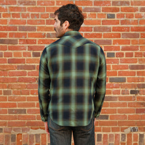 Iron Heart IHSH-348-GRN 9oz Selvedge Ombré Check Western Shirt Green