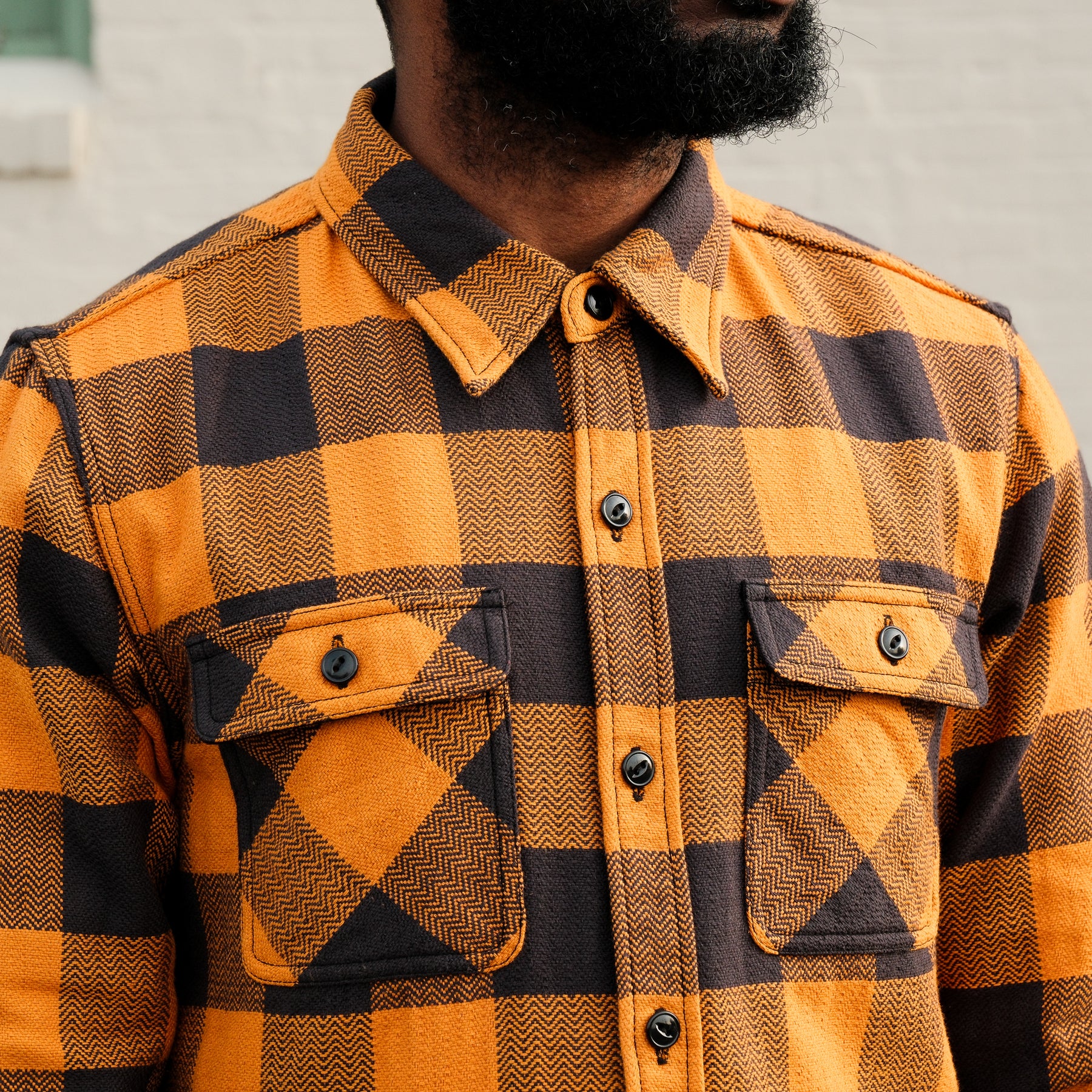 The Flat Head FN-SNR-101L Block Check Flannel Shirt Orange/ Charcoal