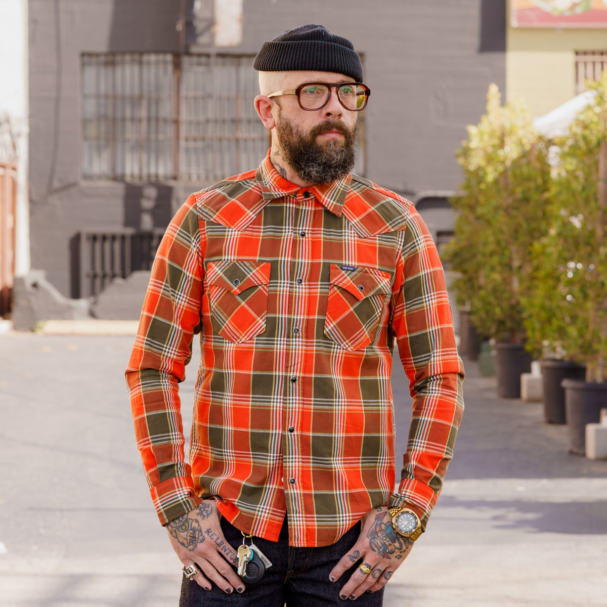 Iron Heart IHSH-318-RED 6oz Viyella Check Western Shirt Red